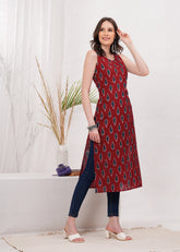 Crimson Red Ikkat Block Print Cotton Long Kurti - Celebrate Vibrant Traditions With Striking Red Ikkat Block Print